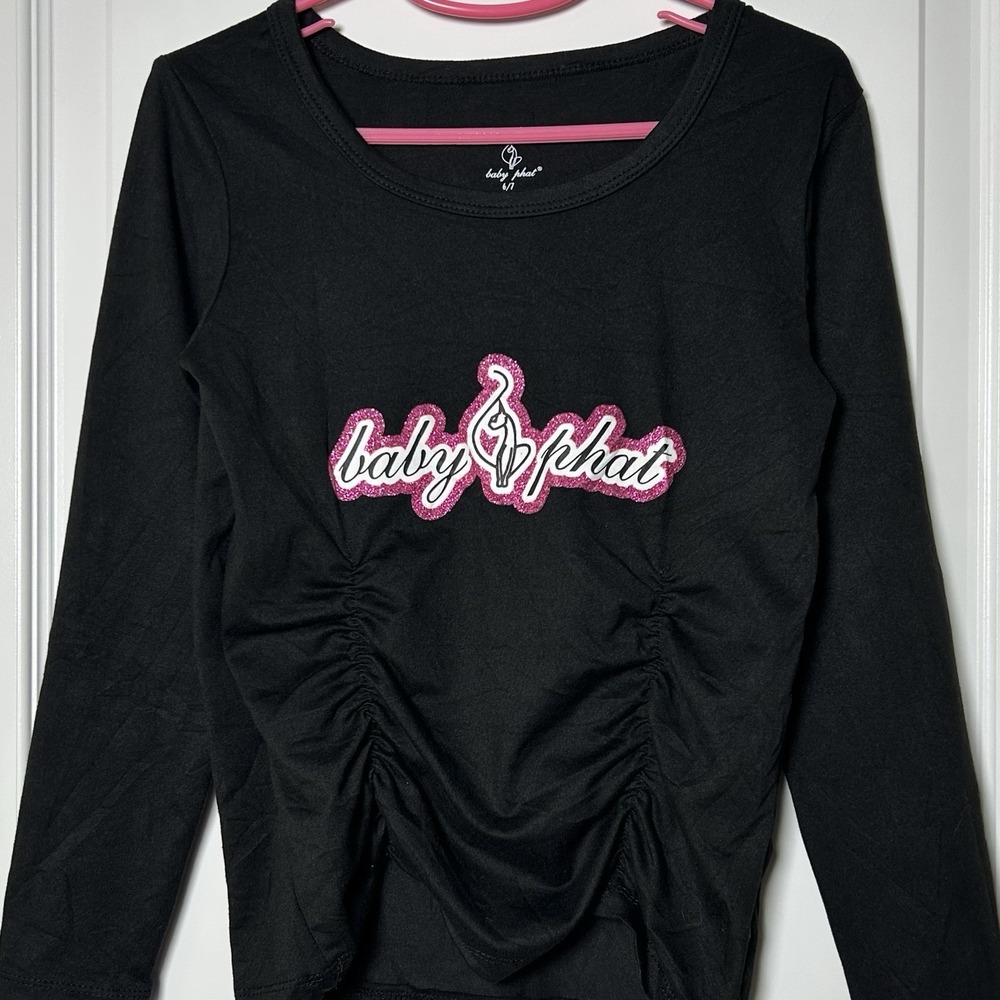 Baby Phat Girls' Black Pink Glitter Logo Ruched Long Sleeve Top Y2K Style